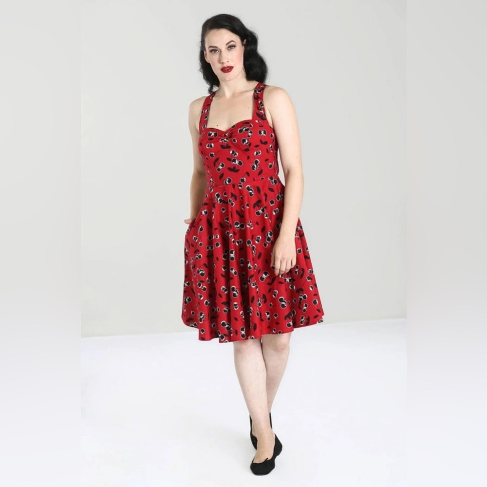 Hell Bunny Alison Retro Cherry Print Halter Dress Size 16UK - Picture 3 of 13